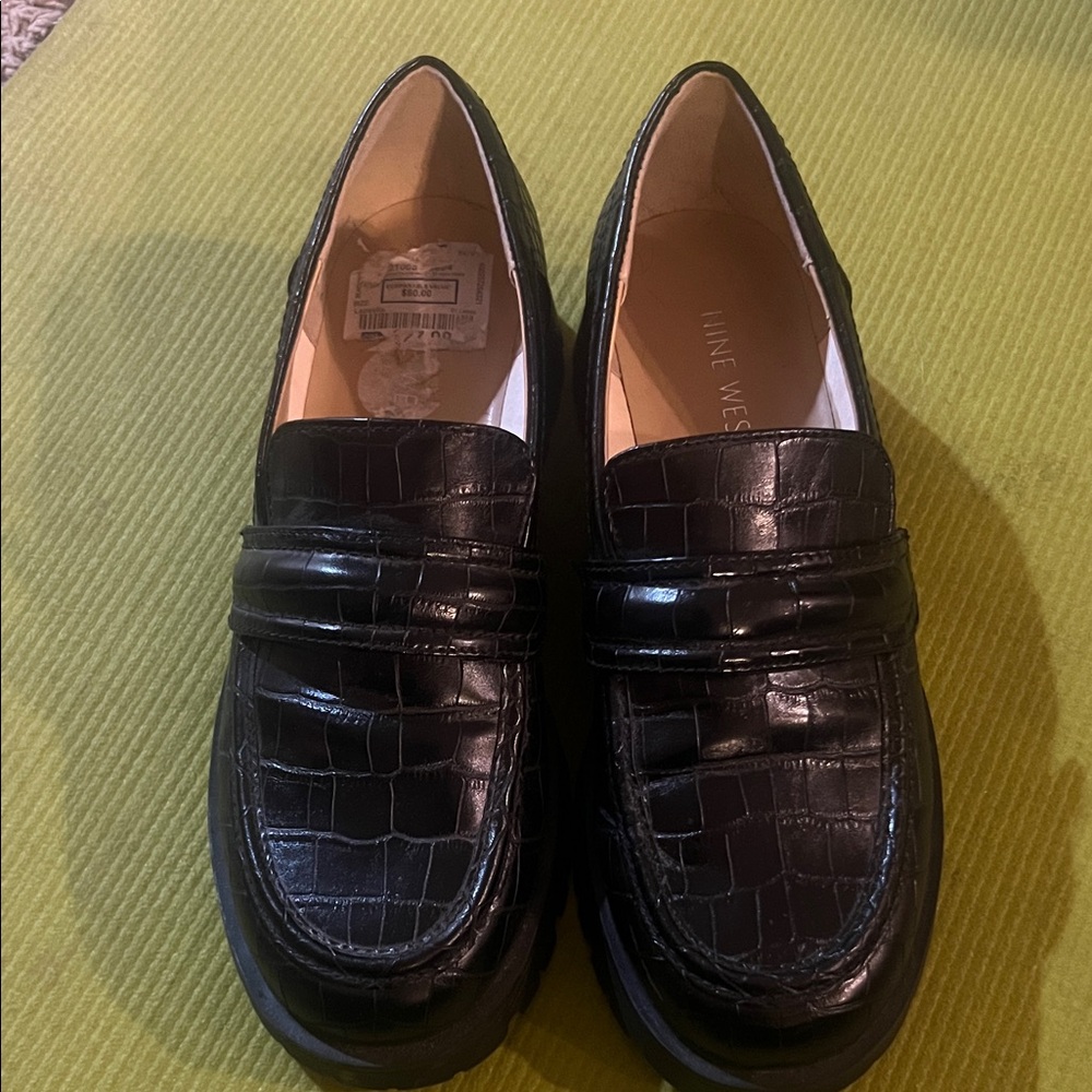 Nine West Black Croc-Embossed Penny Loafers